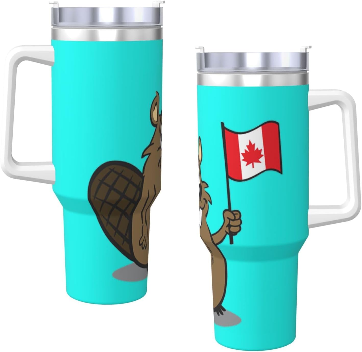 40 OZ Beaver Print Ice Bully Cup with Handle Straw Lid Straw,Stainless Steel Tumbler Coffee Cup