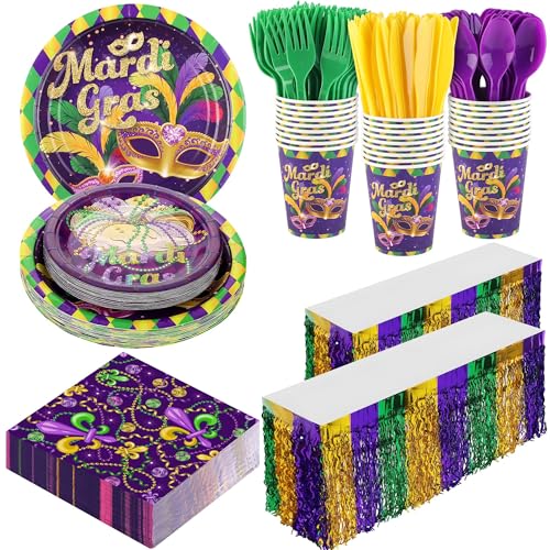 Kochorie 170 Pcs Mardi Gras Party Supplies Mardi Gras Disposable Tableware Sets Masquerade Table Decorations Including Plates Napkins Cups Cutlery Table Skirt for Carnival Party Supplies Serves 24