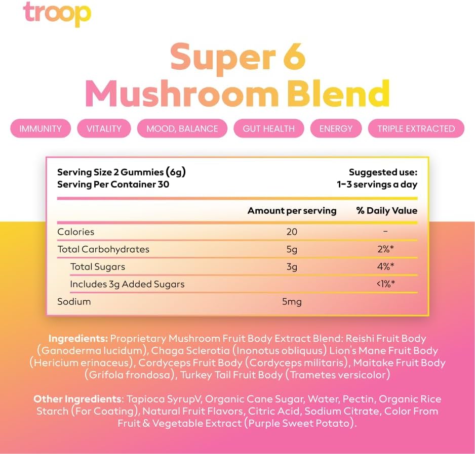 Miniatura 2 de Troop Daily Super 6 - Mezcla de hongos para inmunidad, vitalidad, estado de ánimo, equilibrio, salud intestinal, energía, suplemento restaurador con