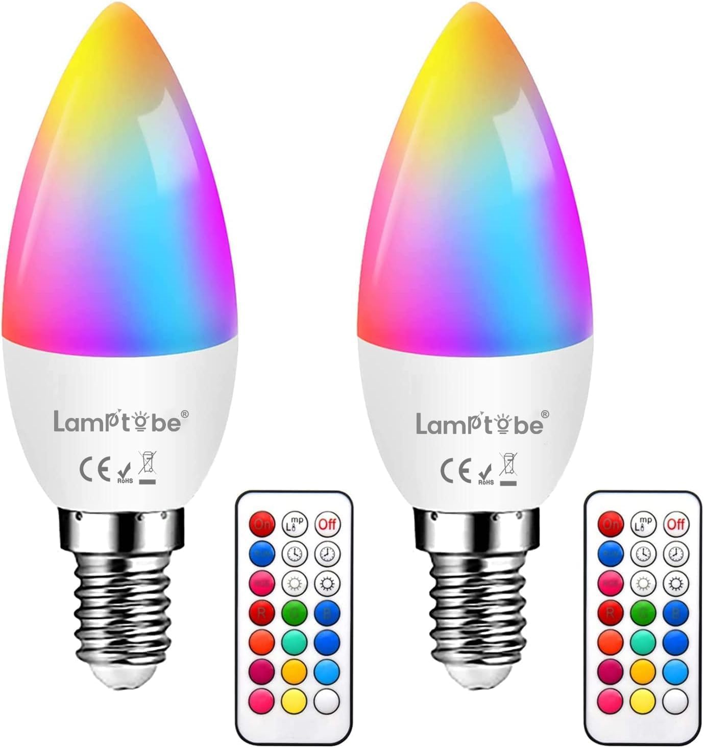 LamptobeE14 LED Colour Changing Candle Bulbs, 3W Dimmable Multi Color E14 RGBW Light Remote Control, Memory & Timing Function, 40W Equivalent SES Small Edison Screw, RGB + Warm White 3000K (2-Pack)