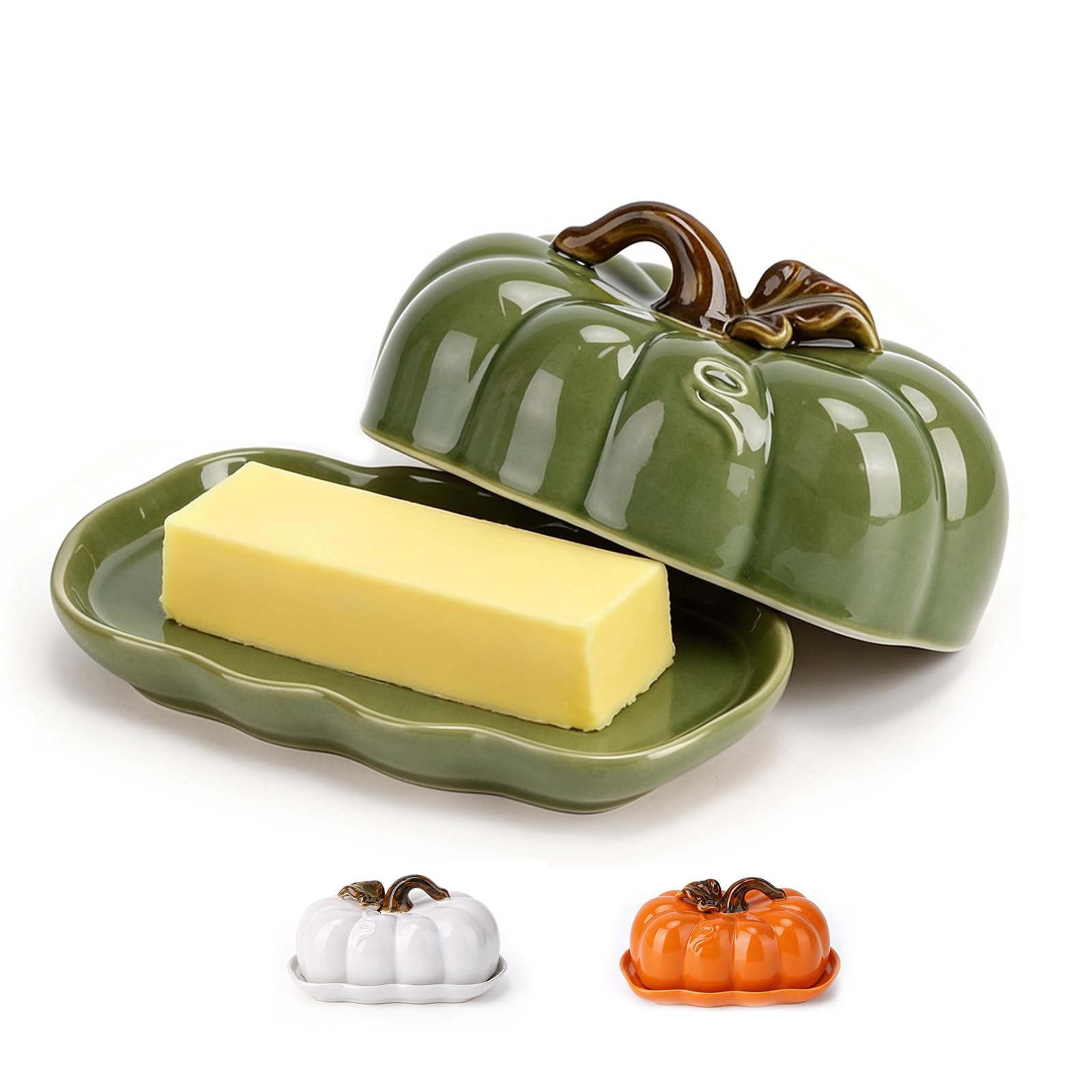 AVEKI Butter Dish with Lid for Countertop, Ceramic Cute Pumpkin Butter Container, Serving Tray with Cover, Decor Dinnerware for Halloween Thanksgiving Pumpkin Party (Green-A)