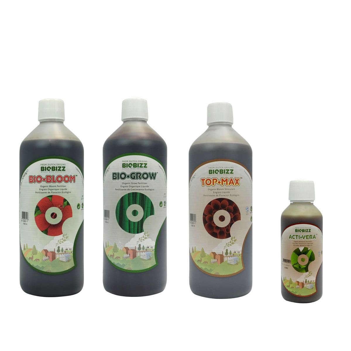 Pack d'engrais Biobizz: Bio Grow + Bio Bloom + Top Max en bouteilles de 1 litre et Acti-vera en 250ml