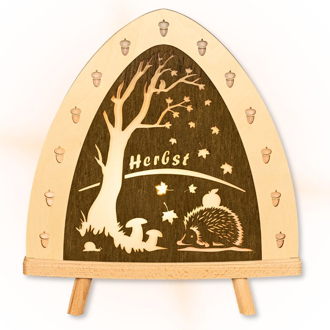 weigla - Dekoleuchte original Erzgebirge I Motiv Herbst I 1 LED Lampe I 0,8 W, E14 I Herbstdeko innen I Herbstbeleuchtung aus Holz I Fensterdeko