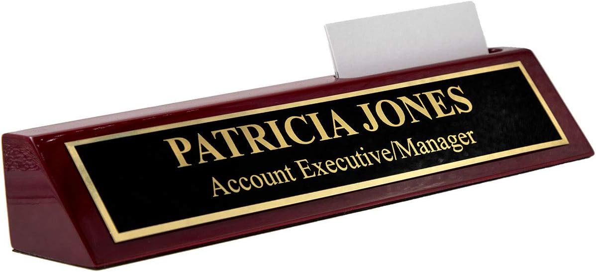 Piano Finish Rosewood Desk Name Plate with Business Card Holder (2" x 10") – Black/Gold Engraved Plate – Executive Office Nameplate