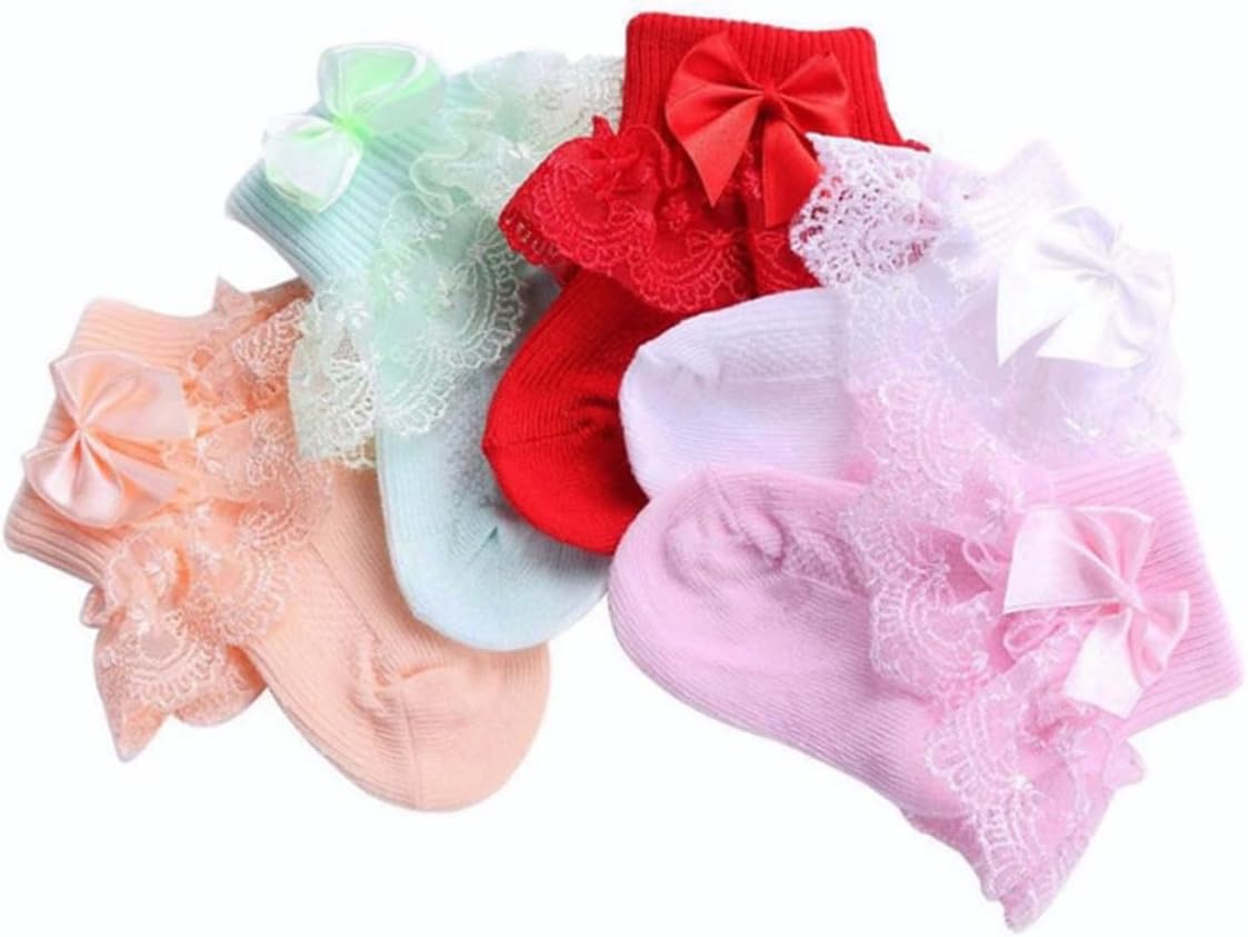 LIFKOME 2 Pairs Bow-knot Lace Socks Soft Breathable Stockings for Newborns S Years Warm Elastic Non-tight White Pink