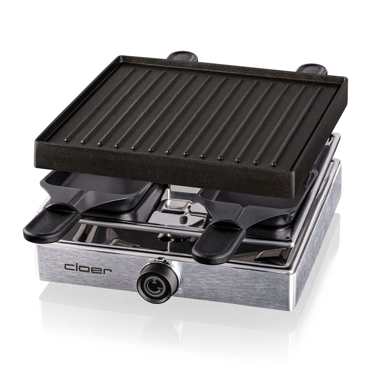 Cloer 6454 Raclettegrill mit Aluminium-Druckguss Platte, 750 W, 4 antihaftbeschichtete Raclettepfännchen, Kunststoffspachtel, unbeheizter Parkplatz, Aluminium