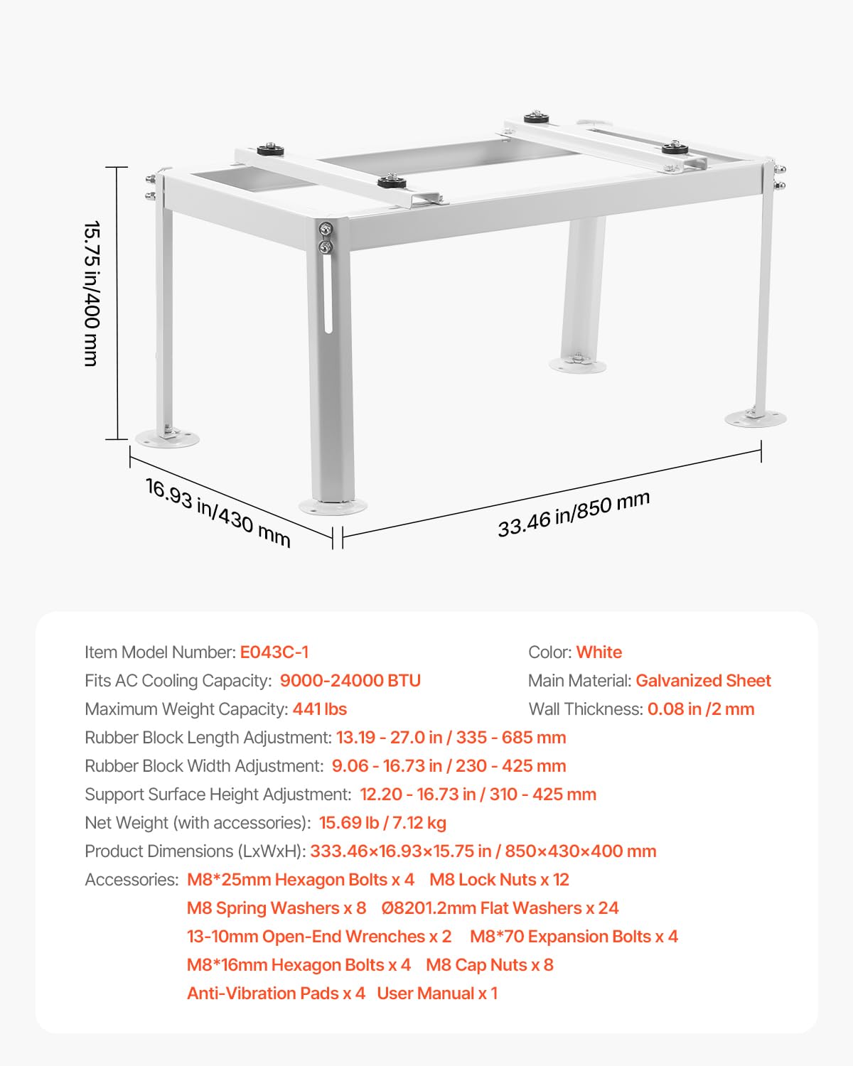 VEVOR Support au Sol pour Climatiseurs Split 9000-24000 BTU Réglable, Charge Maximale 200 kg, Conception Universelle, Réduction du Bruit et Vibration, Support de Base Robuste pour Climatiseur Split