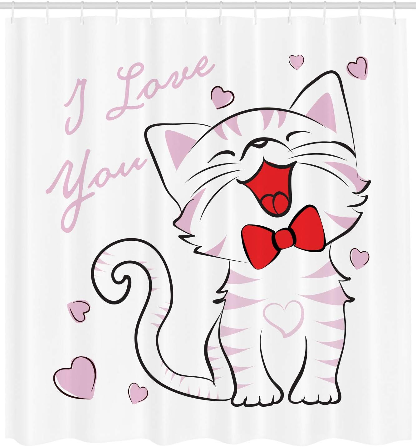 Ambesonne Cat Lover Shower Curtain, Cheerful Cat with Bow Tie and I Love You Message Hearts Joyful, Cloth Fabric Bathroom Decor Set with Hooks, 69" W x 75" L, Pink White