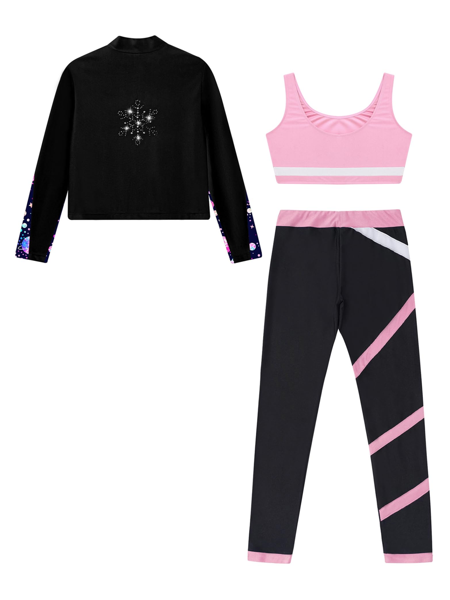 Enfant Fille Ensemble Sport 3 Pièce Survêtement Veste Débardeur Legging Gym Tenue Gymnastique Patinage Artistique Danse Entraînement 5-16 Ans