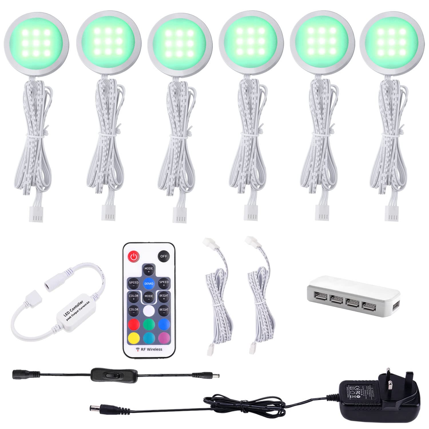AIBOO Under Cabinet Kitchen Lights RGB 6 Pack with Remote,LED Under Cabinet Light Colour Changing Puck Light 12V Ultra Slim Dimmer&Timer Under Cupboard Kitchen Lights Pulg in,Under Counter Light