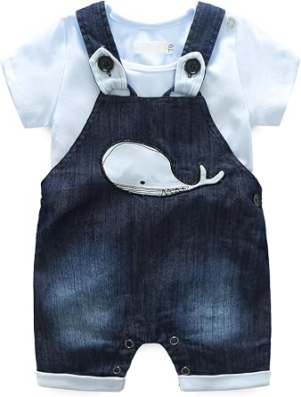 Cute Baby Boys Clothes Toddler Whale Jeans Romper Set with Blue Short Sleeve T-Shirt