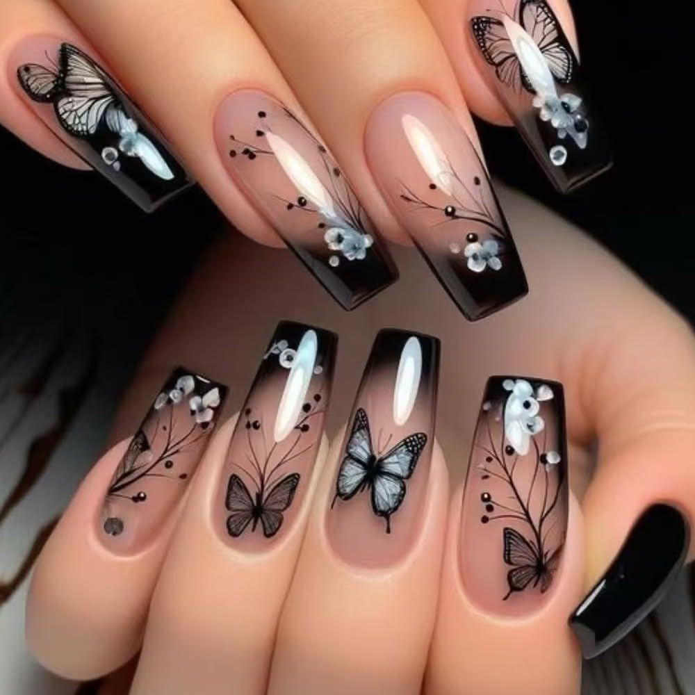 Long Coffin Press on Nails Butterfly Fake Nails Glossy Glue on Nails Black French Tip Acrylic Nail Flower French Artificial Nail 3D Rhinestone Stick