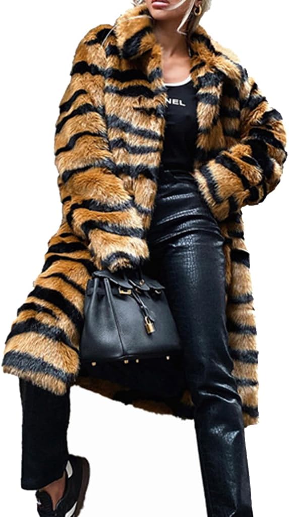 Women Faux Fur Tiger Coat Lapel Open Front Long Jacket Plush Striped Stylish Overwear for Outdoor Festival Holiday Camel 2XL