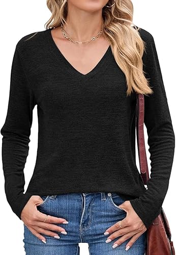 Womens V-Neck Long Sleeve Shirts Basic Spring Fall Pullover Tops Lightweight Blouses Casual Fashion Trendy Clothes (Black,XX-Large)
