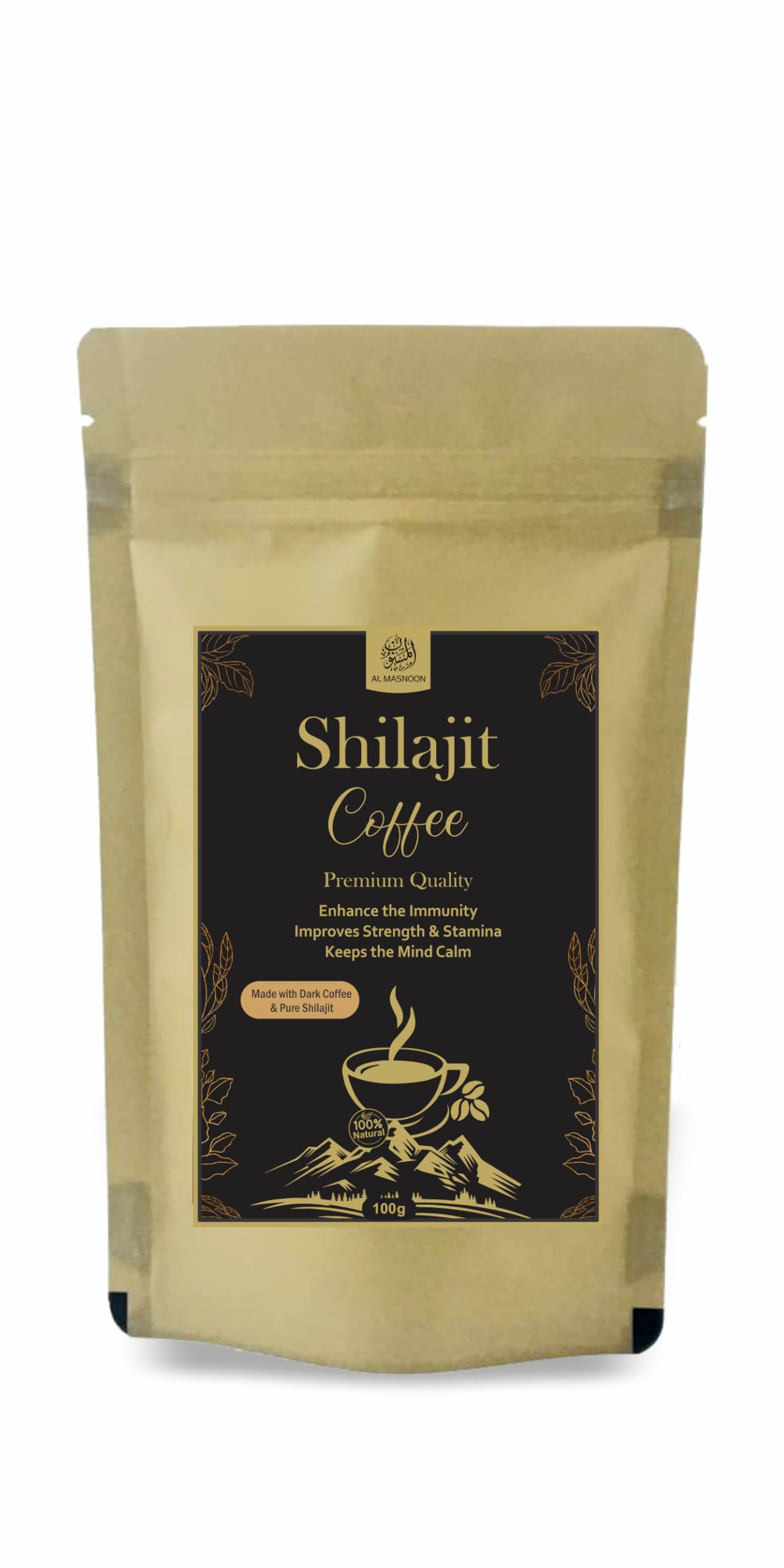 Al Masnoon Shilajit Coffee 100g Pack of 1 - Premium Dark Arabica Beans Infused with Pure Shilajit 100% Natural/No Chicory Added