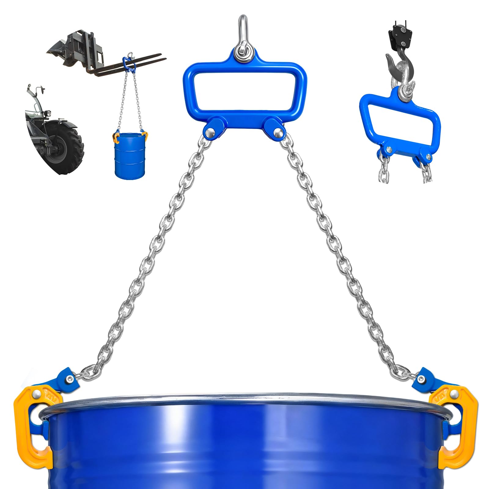 YATOINTO Pince de levage de tambour de 1 ton avec chaînes G80 | Outil de levage de baril pour fûts en acier et en plastique de 100 à 150 litres | Crochets de verrouillage à ressort | Compatible avec