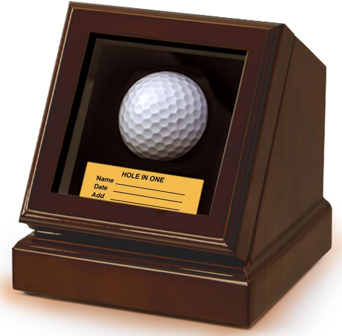 Hole in one Golf Ball Display case,writable Gold nameplate,Crafted with Premium Wood Composite and Thick Glass (Gold)