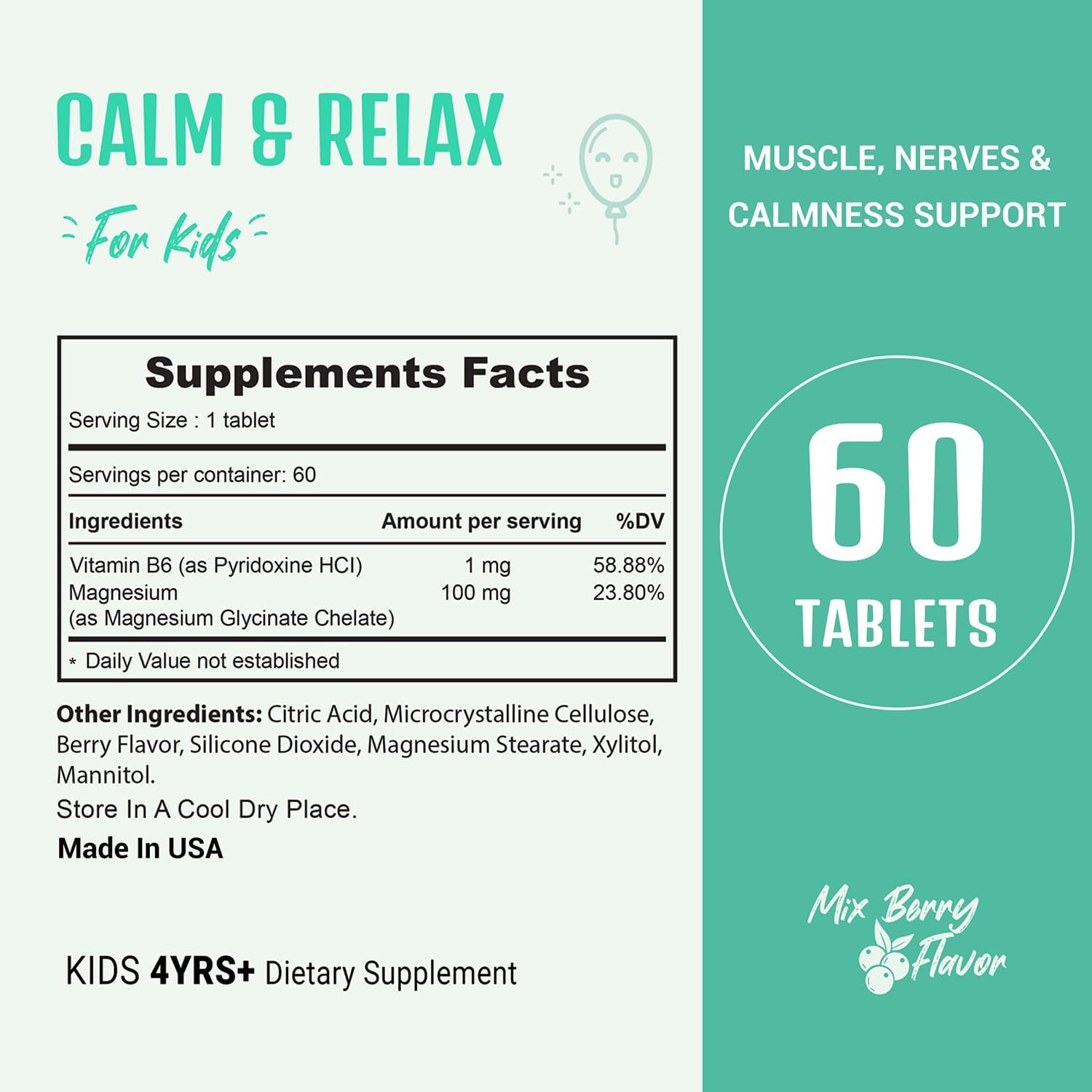 Heivy Kids Calming Supplement, Contains Magnesium Glycinate & Vitamin B6, Support Calm & Relax, Calm Mind and Body, Berry Flavor for Age 4+ (60 Servings), Vegan, Gluten-Free, Made in USA - Image 5
