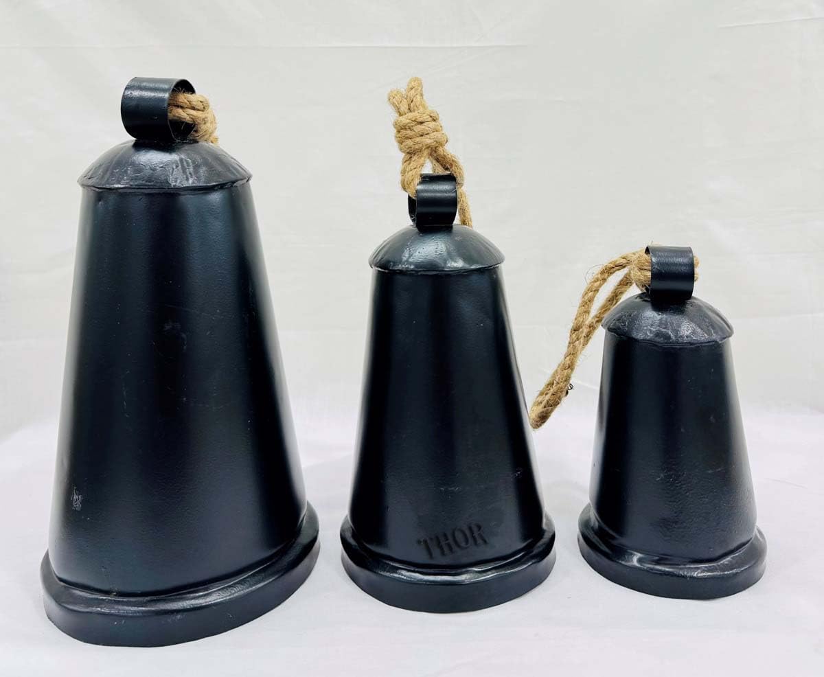 Black Metal Tibetan Inspired Decorative Cow Bells with Jute Hanging Rope Set of 3 for Christmas Decor
