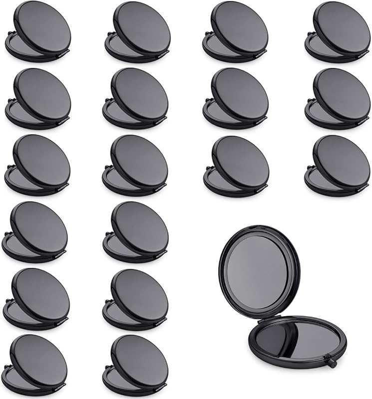 Espelho compacto redondo MLLXX com estrutura metálica, dupla face 1X/2X, preto, pacote com 18