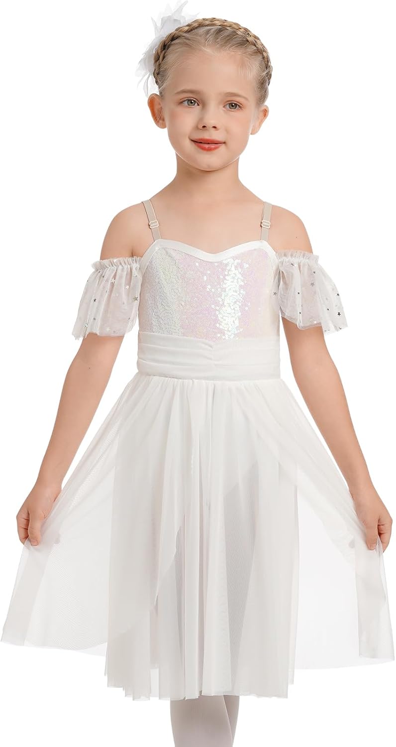 ODASDO Girls Lyrical Dance Outfit Ballet Leotard Sequin Spaghetti Straps Tulle Dress Ballerina Clothes