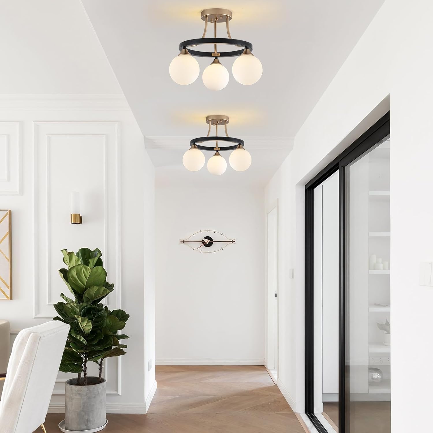 Black Gold Semi Flush Mount Ceiling Light Fixture, 3-Light Globe Bathroom Ceiling Lights Farmhouse Kitchen Lighting Fixtures Mid Century Modern Light for Entryway Hallway Foyer Bedroom