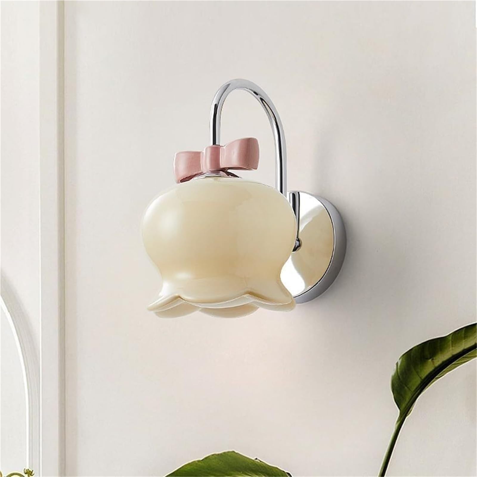 HUAYUSEDF Wall Sconce Sturdy White Milk Glass Gold Lamp Pink Sconces Bow Cute Lights for Girls Bedroom Chrome Flower Shade Nordic Modern Light for Bedside Kids Room(Pink-Chrome)(Milk Whitechrome)