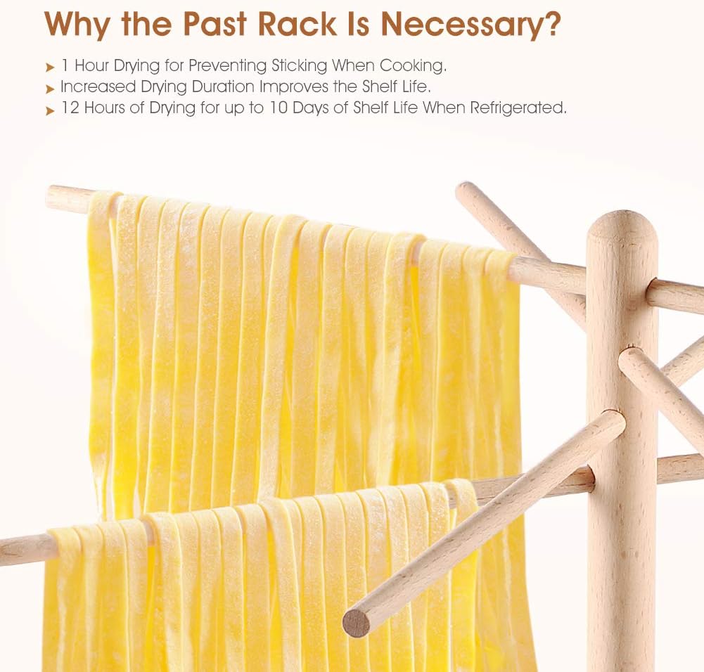 iSiLER Natural Beech Wood Pasta Drying Rack, Pasta and Spaghetti Dryer Stand with 4 Branched, Detachable Arms for up to 4 Pounds of Pasta Dough