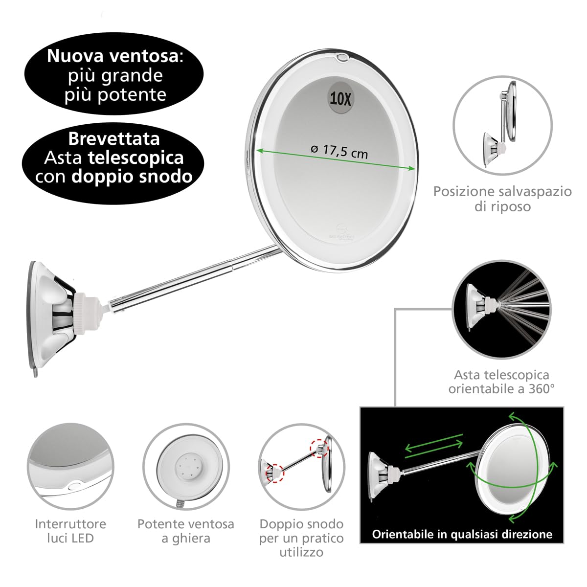 MACOM, Specchio Cosmetico con Asta Telescopica Brevettata, Doppio Snodo, Ingrandimento 10x, 18 Luci LED e Ventosa a Ghiera Orientabile a 360°, Salvaspazio, Sensation 229 New Perfect Mirror
