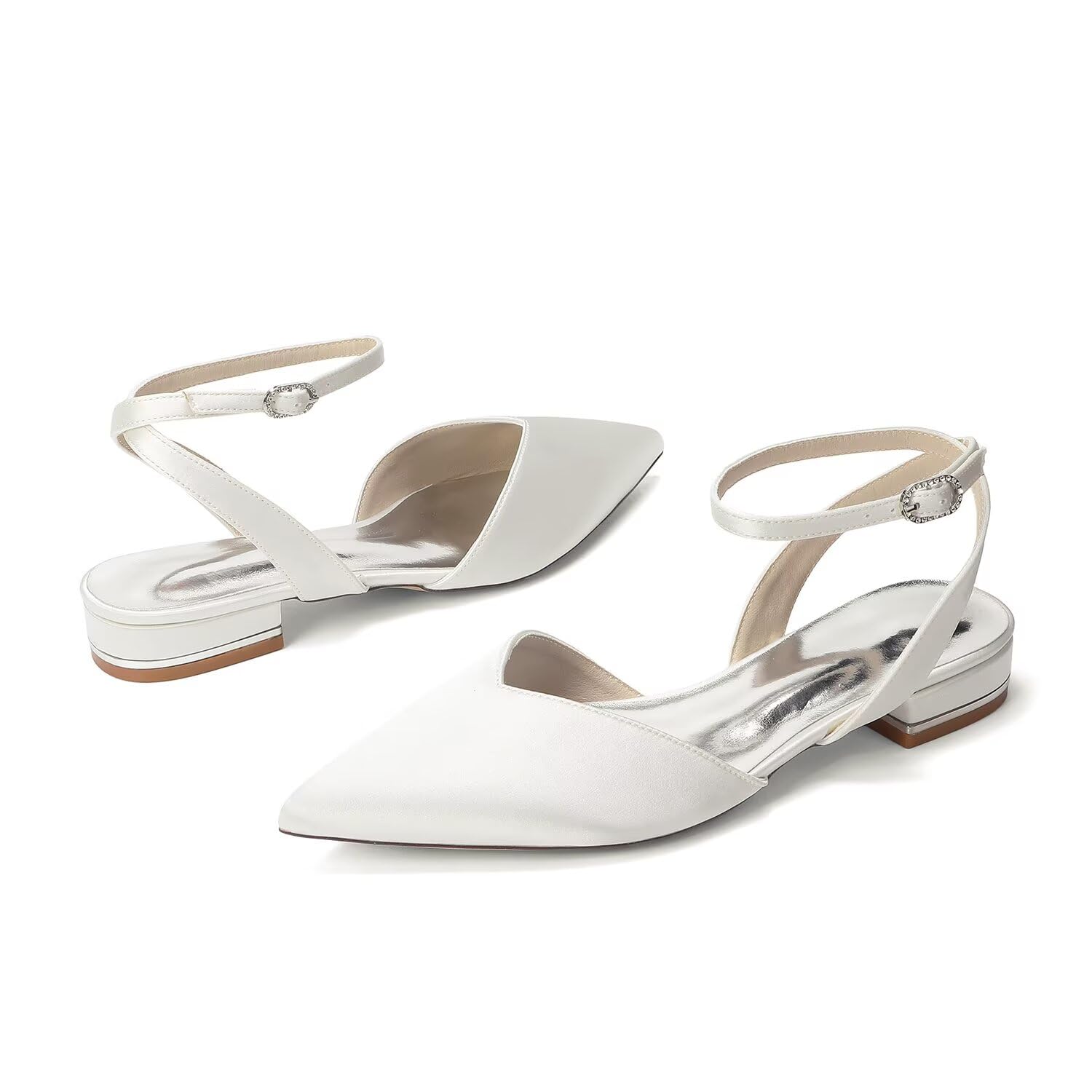 Scarpe da Sposa Donna Tacco Basso, Scarpe Sposa Eleganti a Punta con Cinturino alla Caviglia, 2.5cm Tacco Largo Comode per Matrimonio, Cerimonia e Serata
