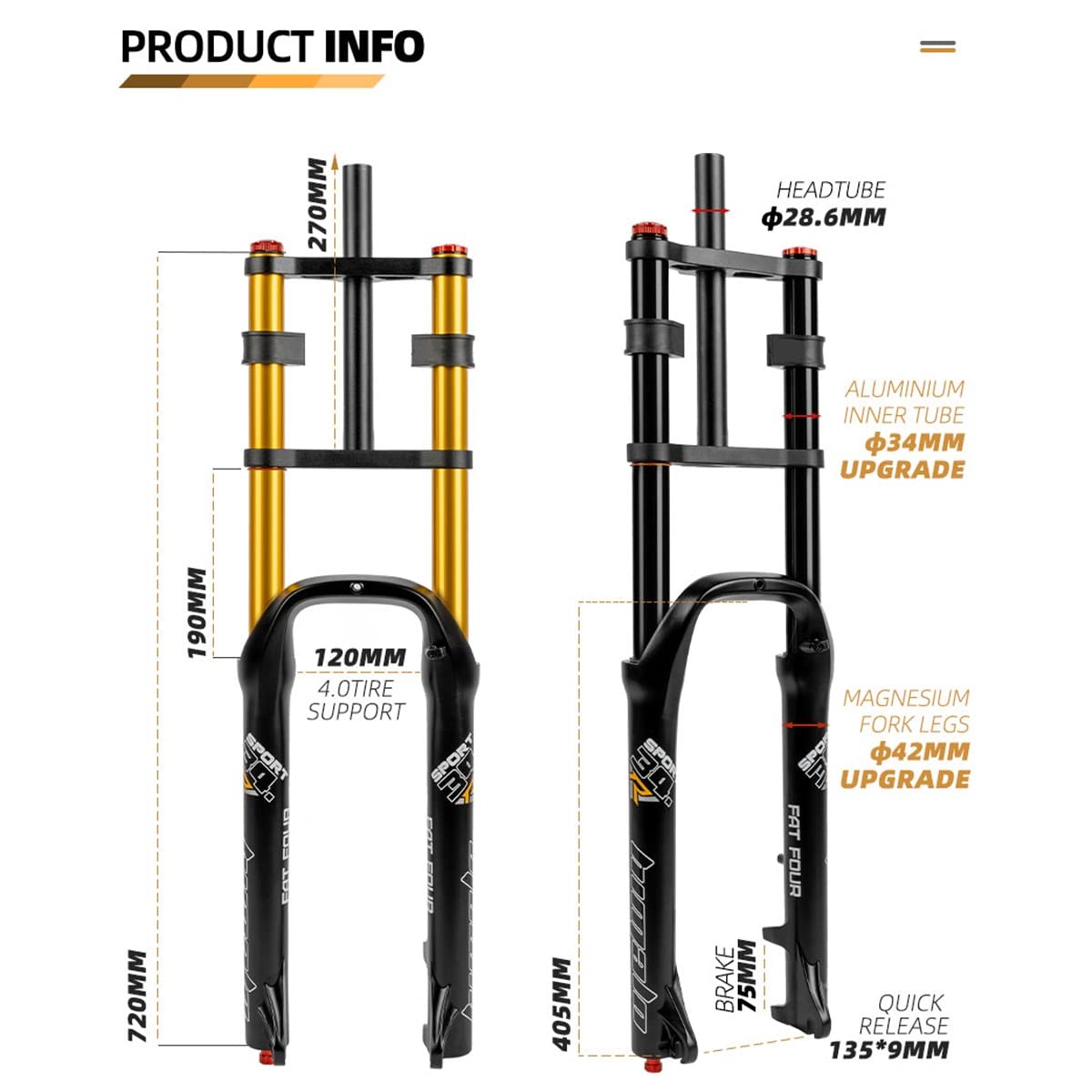 RUJIXU 26”4.0 Fat Fork Air Suspension Disc Brake Mountain Bike Forks 1-1/8 Straight E-Bike BMX MTB DH Front Fork 170mm Travel with Travel Lock and Damping Adjustment QR 3080g (Color : Black)