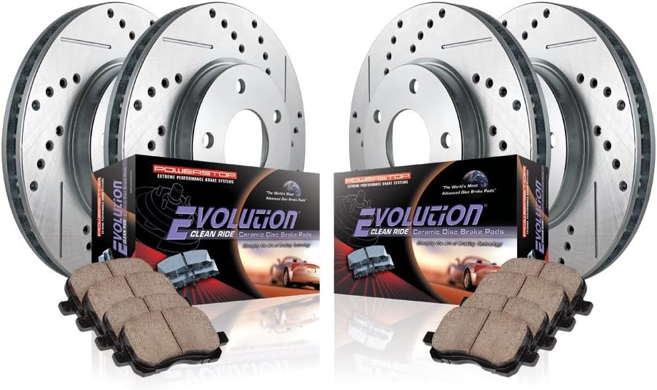 Power Stop K2858 Front/Rear Ceramic Brake Pad and Cross Drilled/Slotted Combo Rotor One-Click Brake Kit