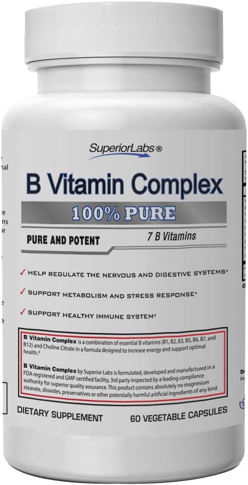 B Vitamin Complex - Superior Absorption - 100% NonGMO Safe from Additives, Stearates, Gluten and Other Allergens - Regulate Digestive System and Support Metabolism - 60 Vegetable Caps