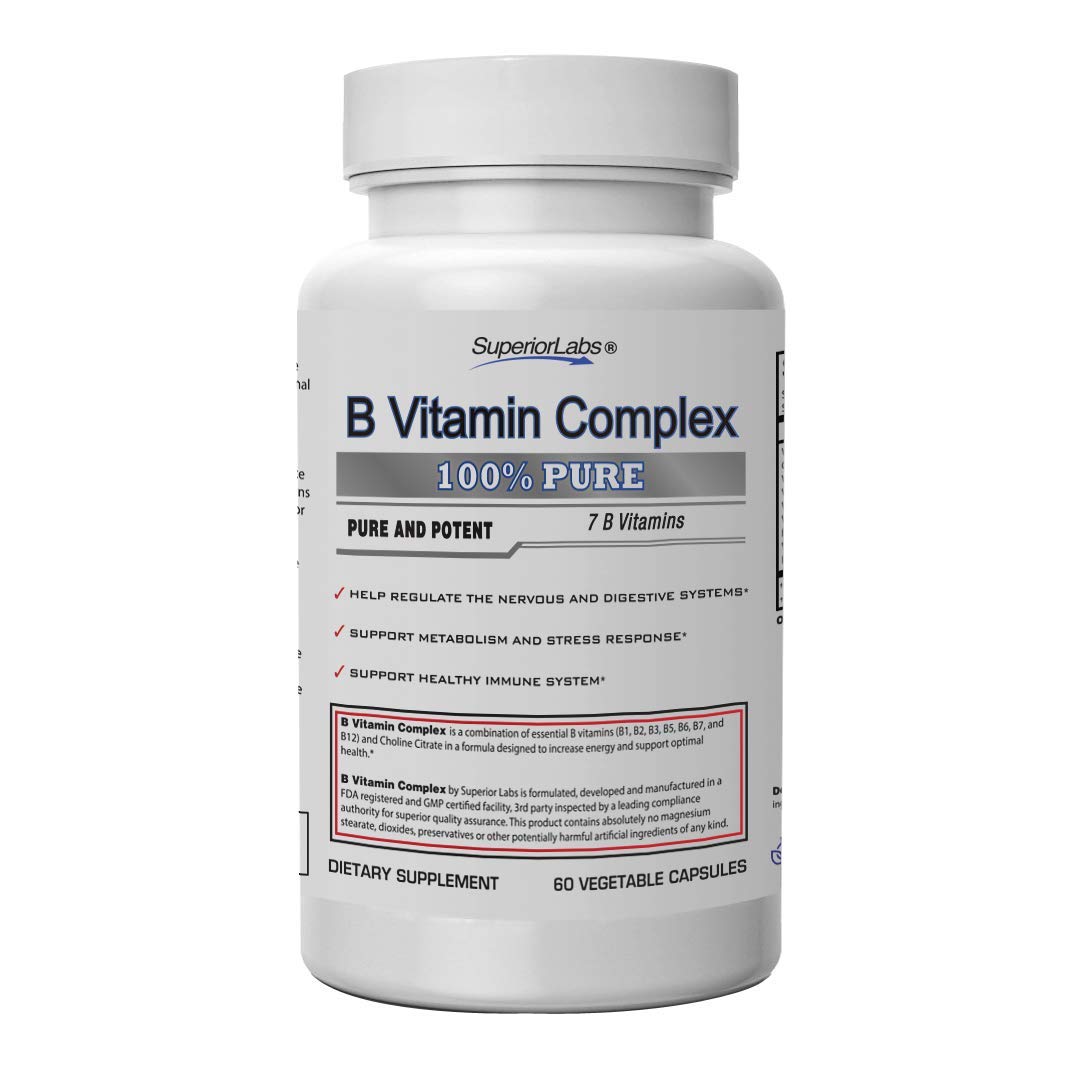 B Vitamin Complex - Superior Absorption - 100% NonGMO Safe from Additives, Stearates, Gluten and Other Allergens - Regulate Digestive System and Support Metabolism - 60 Vegetable Caps
