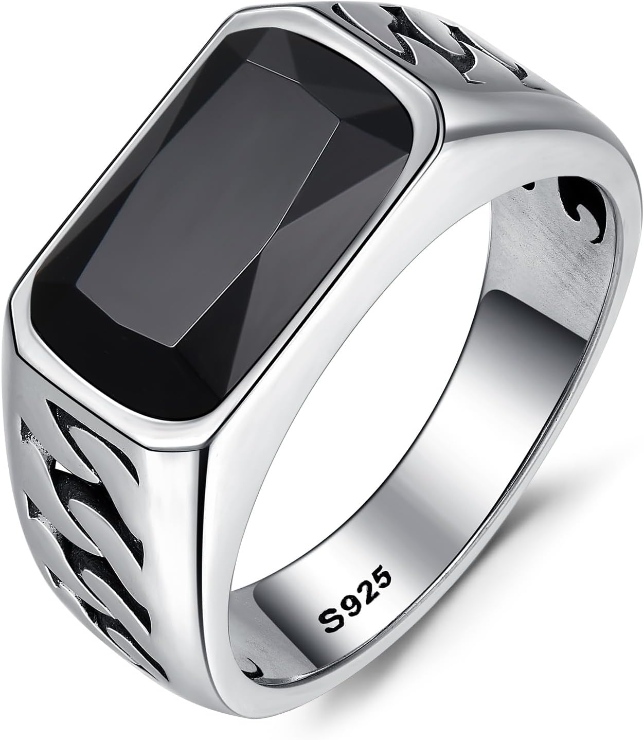 Yaresul 5ct 925 Sterling Silver Mens Teal Turquoise/Synthetic Black Onyx Rings Rectangle-Cut Handmade Mens Cuban Link Ring Anillos de Hombre for Birthday Jewelry Gift Band Width 4.8mm Size 8-12