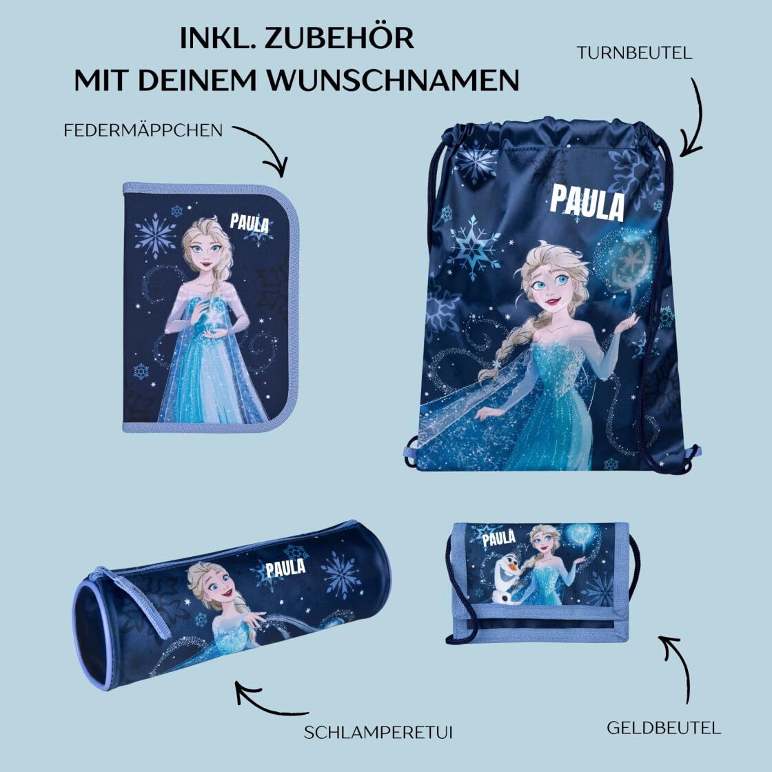 Undercover Juego de mochila escolar de 1ª clase, contenido personalizado con nombre, mochila escolar para niños y niñas, Frozen (Navy Dark Blue), 5-teilig, Juego de mochila escolar