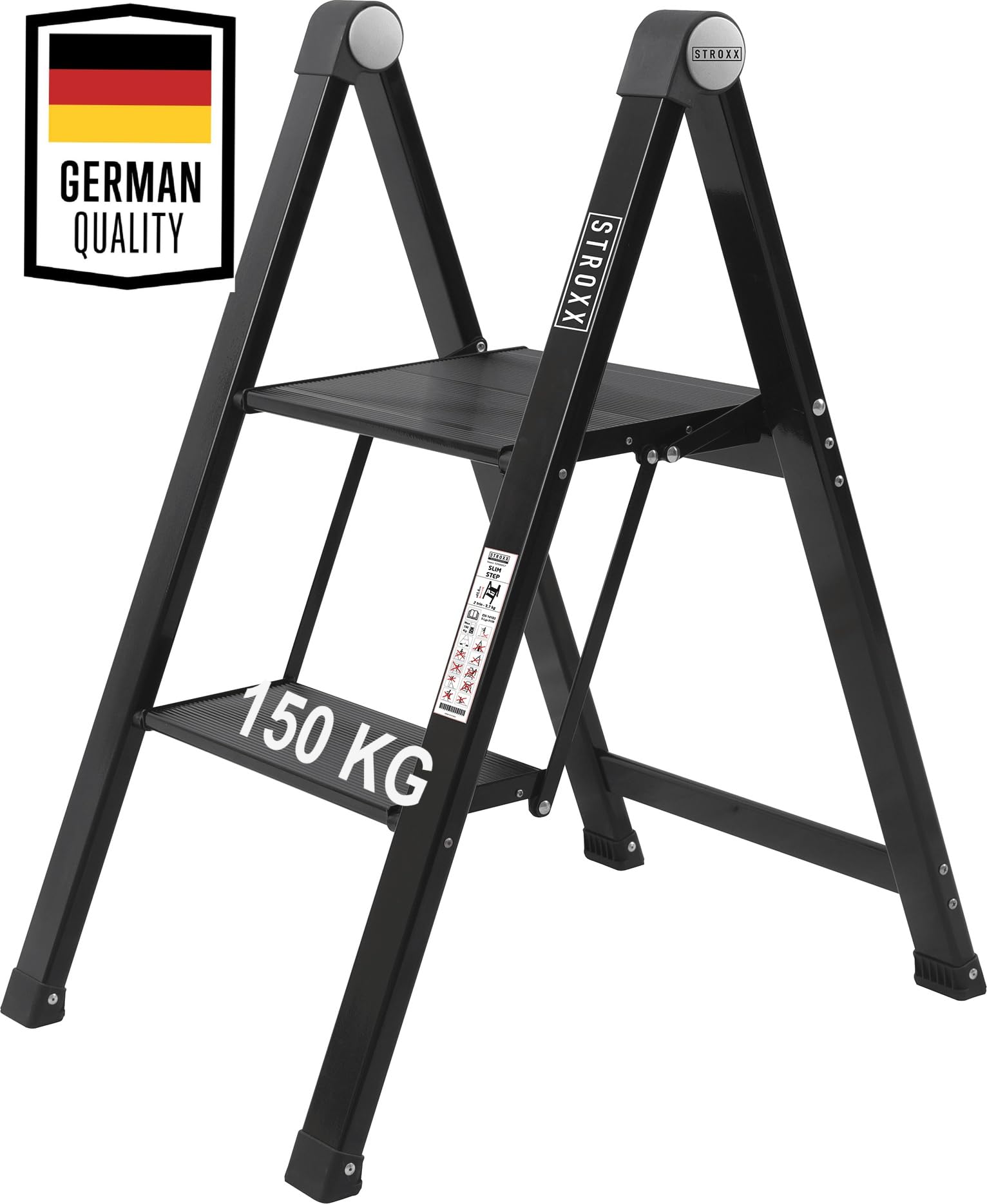 STROXX® Trittleiter 2 Stufen klappbar| Doppelstufenleiter |Malerleiter |Elektrikerleiter |Klapptritt |Stufenleiter |bis 150 kg belastbar| Tritthocker | rutschfest | zusammenklappbar|
