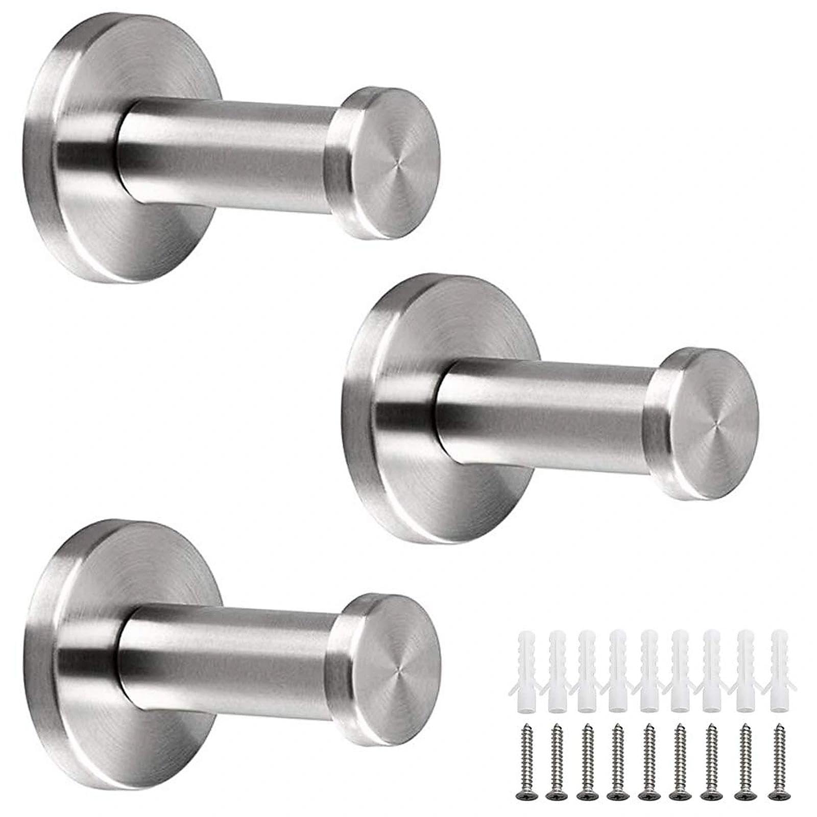 NewZC Wall-Mount Robe and Towel Hooks 3 Packs Round Stainless Steel Coat Hanger Bathroom Brushed Nickel Shower Hook Chrome Hanging Hooks for Hotel Kitchen Bedrooms Toilet Lavatory Closets Clothes Hat