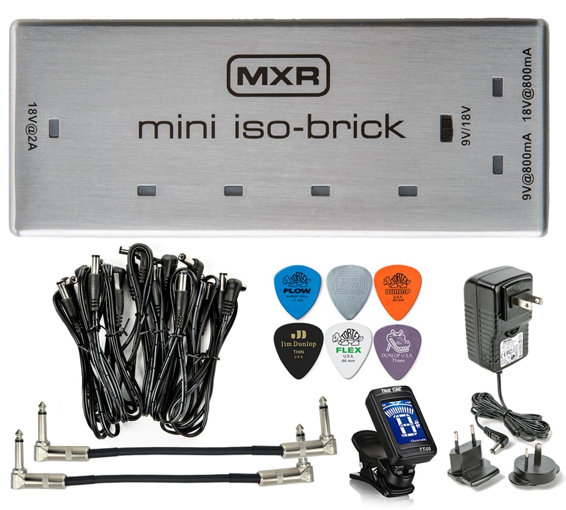 Tonebird MXR M239 Mini Iso-Brick 9v,18v Effects Pedal Power Supply with Bundle Including Dunlop ECB004 18-volt Adapter, True Tune Tuner, Patch Cables and Dunlop Picks