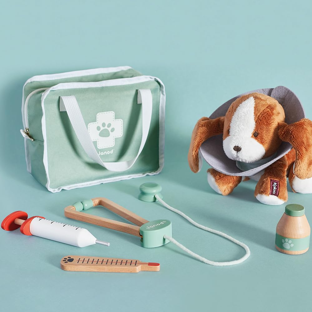 Janod - Maletín de Veterinario - Juguete de Imitación Profesión - 16 Accesorios incluidos - Estimula la imaginación - Certificado FSC - Maletín de Tela con asa - A Partir de 3 Años, J06466