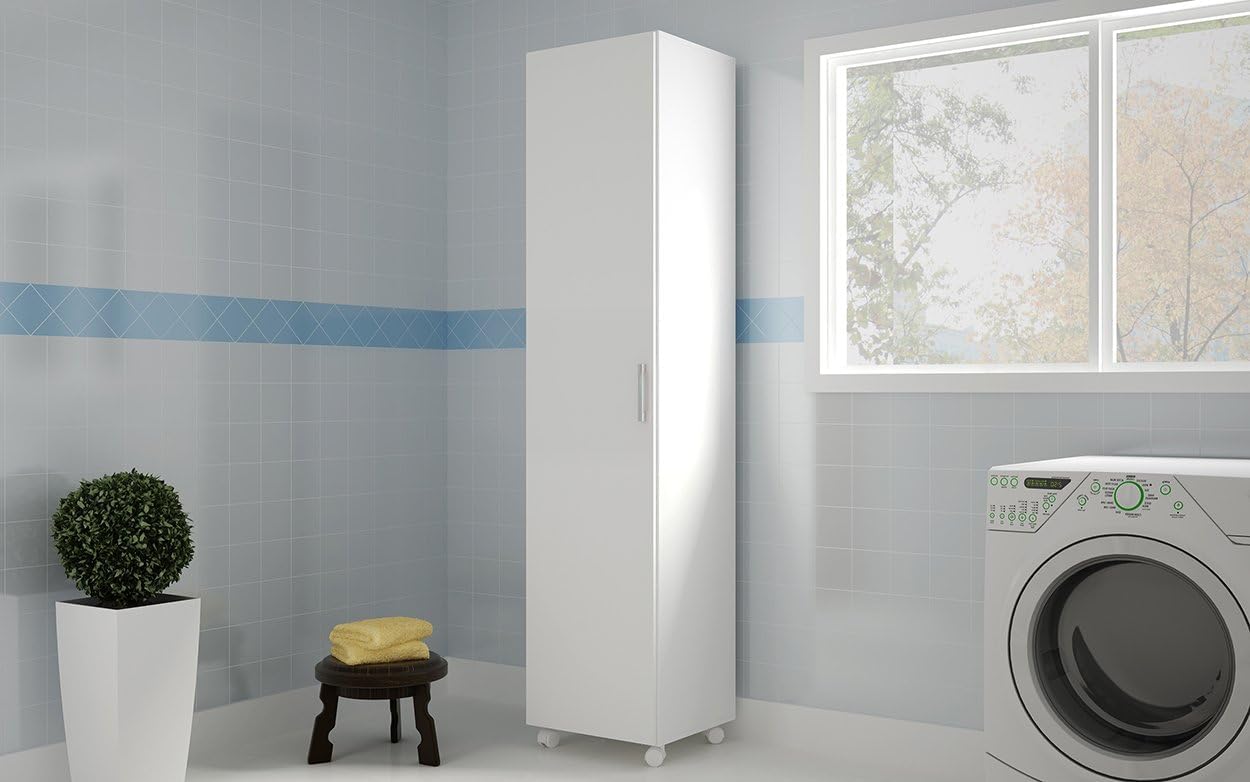 Armario Escobero Multiusos con Ruedas – 1 Puerta Reversible, Estantes y Espacio para Escoba y Fregona – Blanco, 183x42x41 cm – Mueble Auxiliar para Lavadero, Trastero o Cuarto de Limpieza
