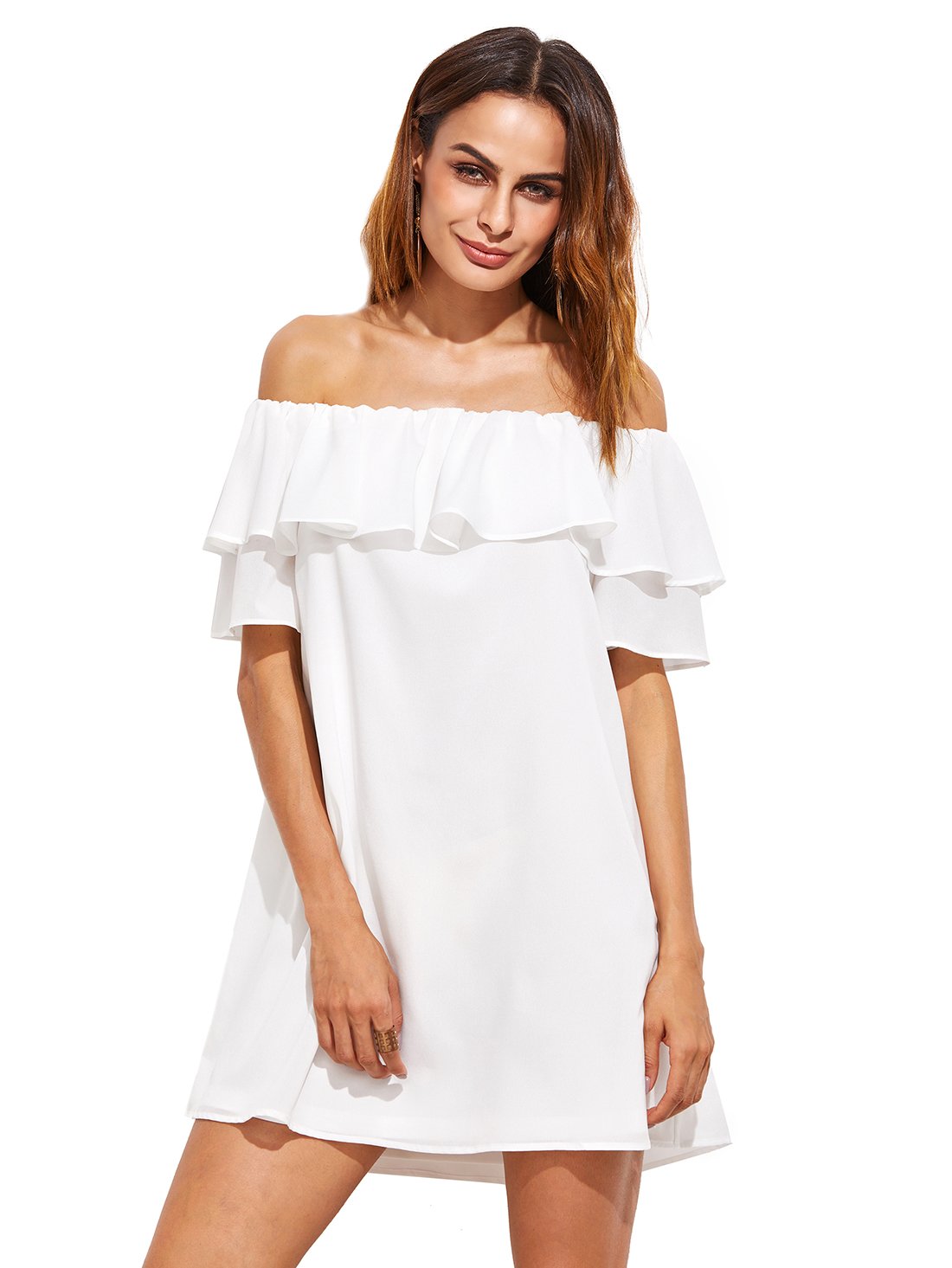 Milumia Women's Off Shoulder Ruffles Shift Loose Summer Vacation Mini Dress A White Large - Image 8