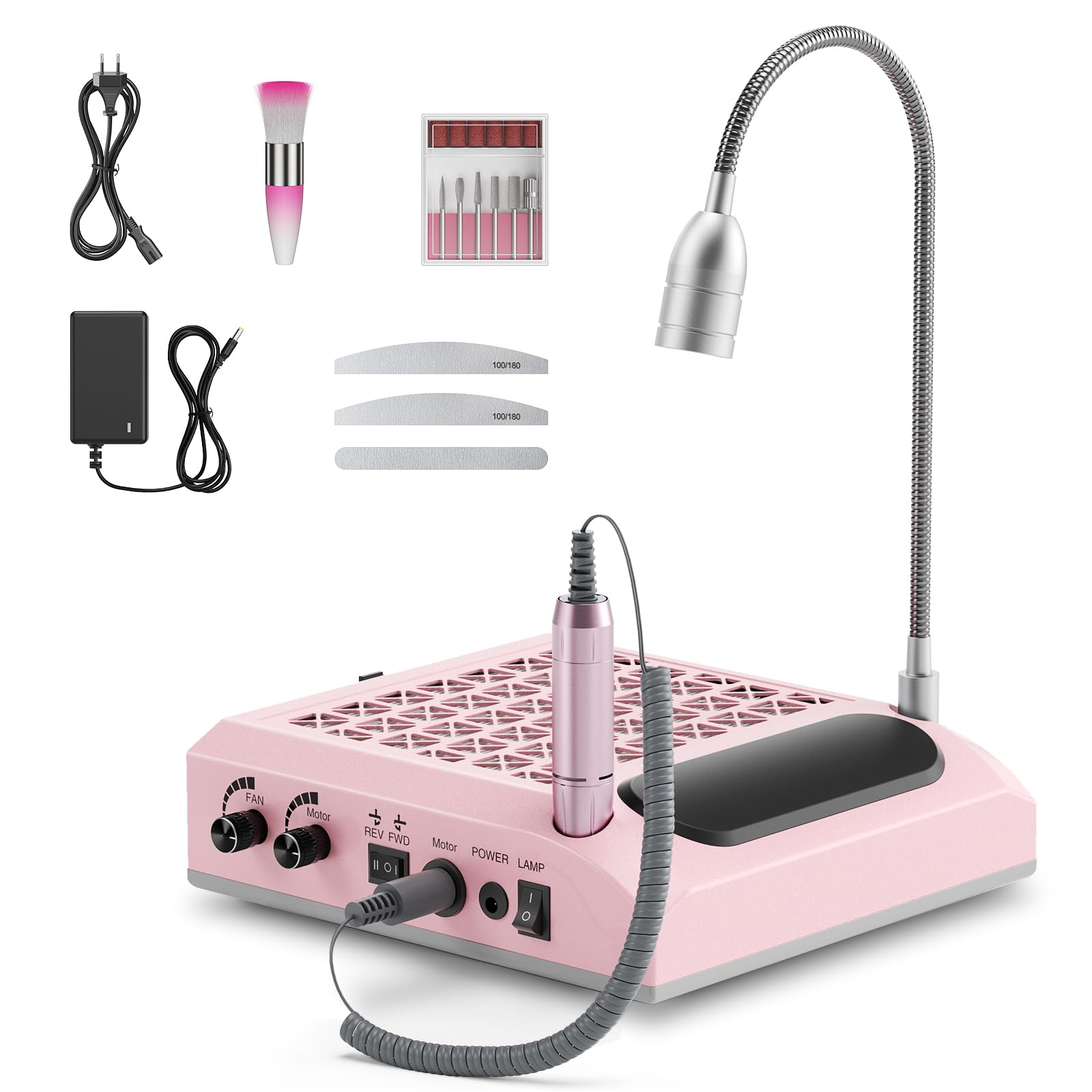 Taladro de uñas eléctrico 4 en 1 con extractor de 80 W y filtro lavable - Cortaúñas profesional de 30 000 RPM con luz LED de 5 W, 3 limas de media luna de doble cara para manicura