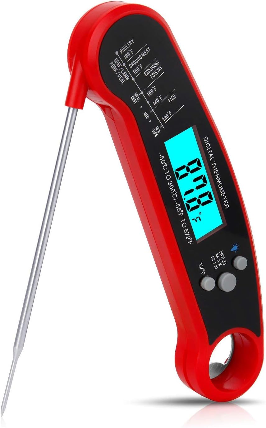 Instant Read Meat Thermometer, Waterproof Ultra Fast Digital Food Cooking Thermometer with Collapsible Long Probe, Backlight & Calibration for Kitchen BBQ Grill Smoker