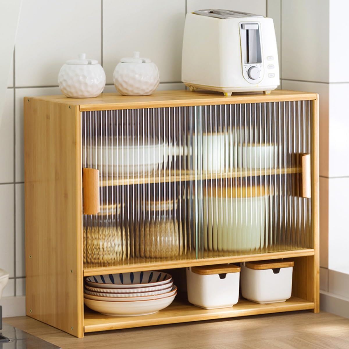 SanBouSi Small Kitchen Pantry Countertop Cabinet, Bamboo Small Pantry Sideboard with Glass Doors Table Counter Food Pantry Adjustable Shelves for