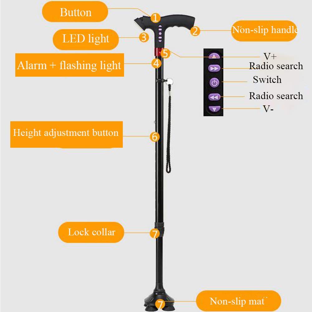 BJH Bastón para Caminar con luz LED Ajustable con Ajuste de Altura de Alarma Bastón para Caminar, Negro Interesting