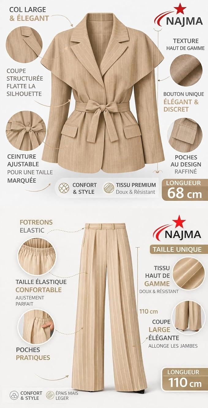 Tailleur Femme Élégant 2 Pièces Rayé – Blazer Ceinturé Structuré et Pantalon Large Fluide – Ensemble Chic