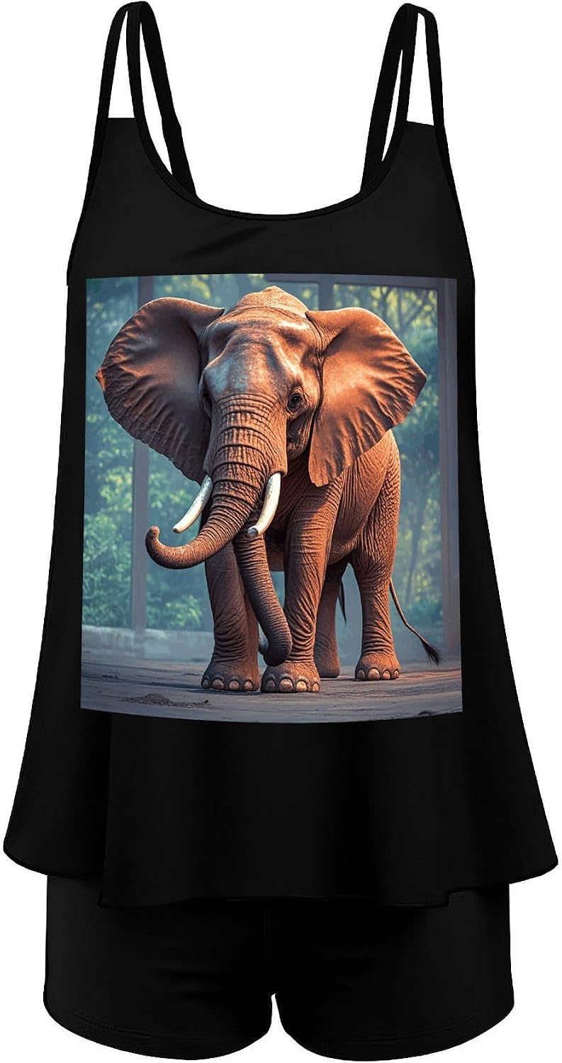 Elephants Red Tankini Swimsuits for Women Tummy Control Two Piece Bathing Suits Swim Tops with Boy Shorts