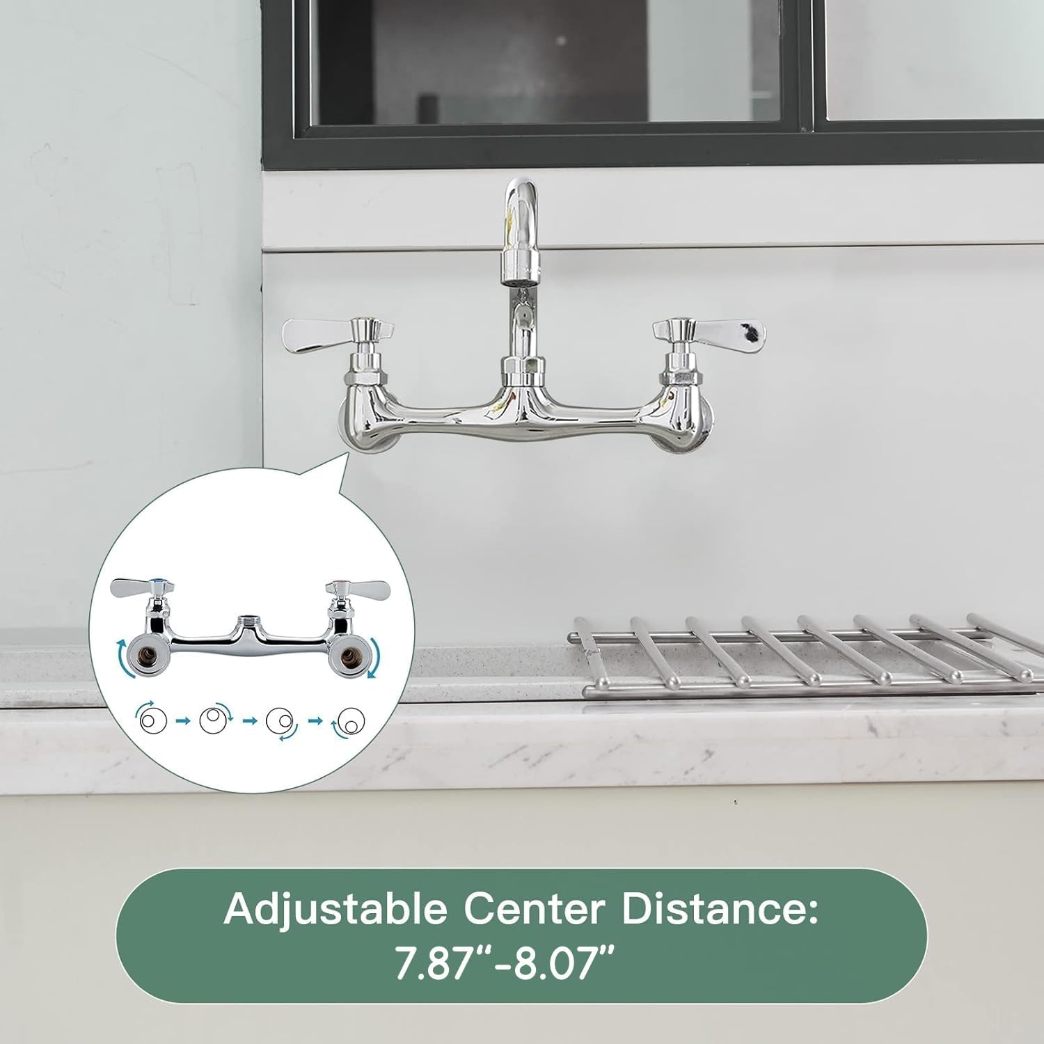 Homevacious 2 Handle Commercial Kitchen Faucet Walll Mount 8 Inch Center with 14 Inches 360 Degree Swivel Spout Brass Utility Sink Faucets Laundry Room Restaurant Mixer Tap Polished Chrome