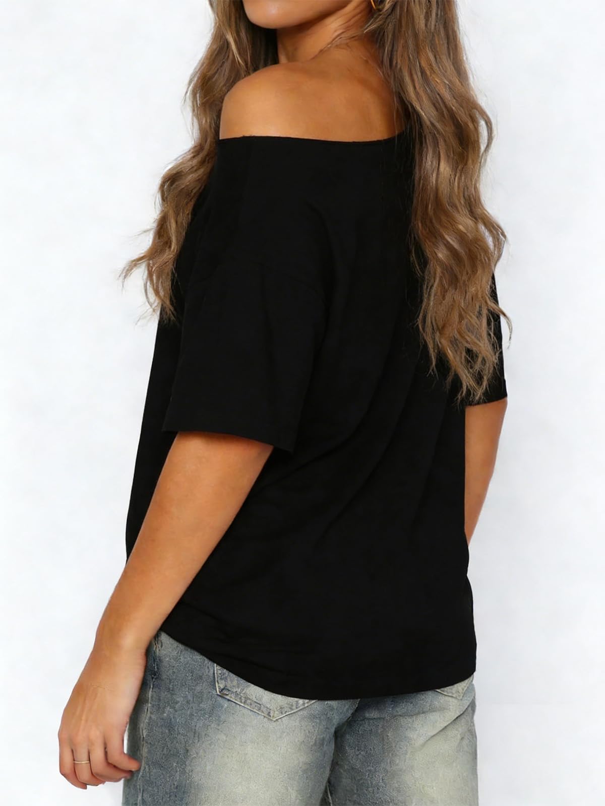HAWILAND Off Shoulder damska koszulka oversize, z odkrytymi ramionami, elegancka koszulka z krótkim rękawem, długa koszulka z rękawami nietoperza